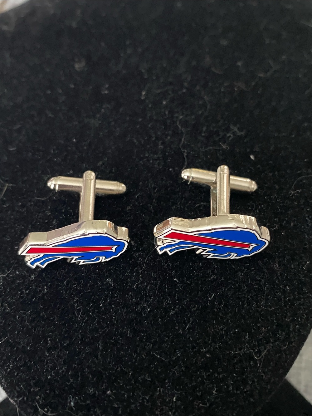 Silver-Tone Buffalo Logo Cufflinks with Blue and Red Enamel
